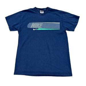 Y2K Nike T-Shirt Men's‎ Large Blue Swoosh Logo Graphic Print Crewneck